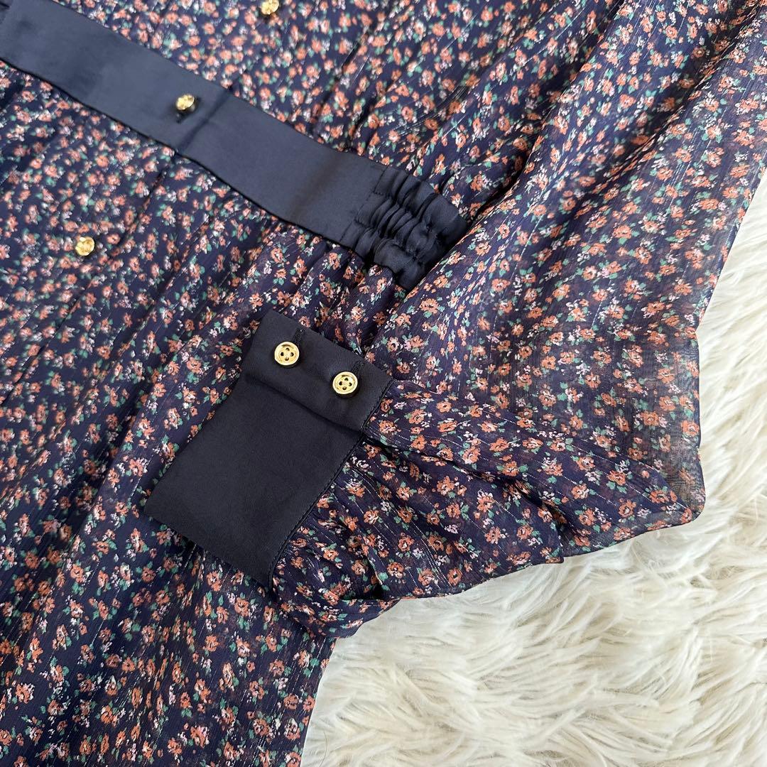 LOVELESS 花柄シアー ロングシャツワンピース ペチコート 金ボタン 紺