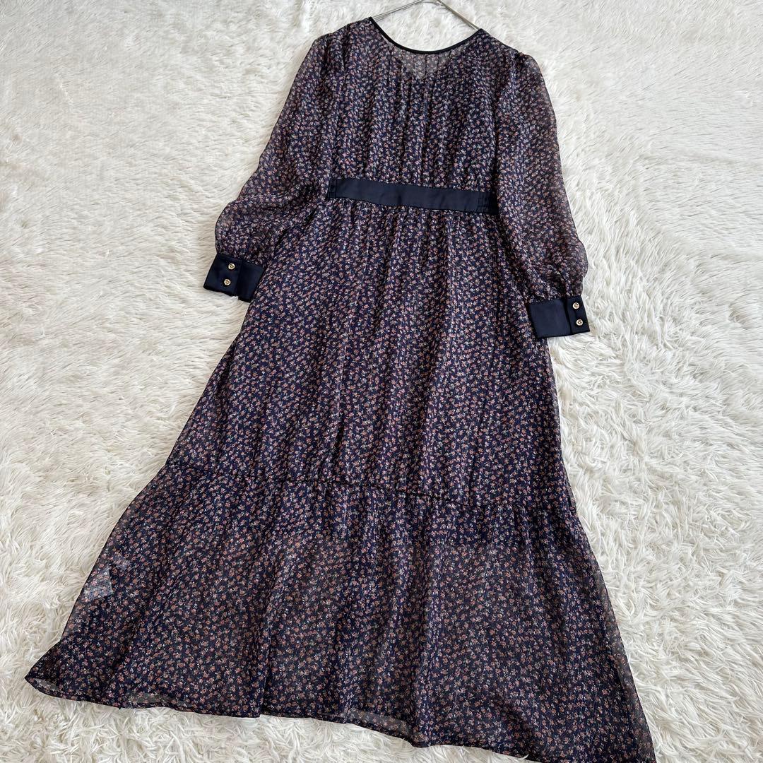 LOVELESS 花柄シアー ロングシャツワンピース ペチコート 金ボタン 紺