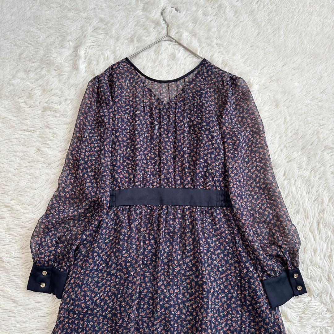 LOVELESS 花柄シアー ロングシャツワンピース ペチコート 金ボタン 紺