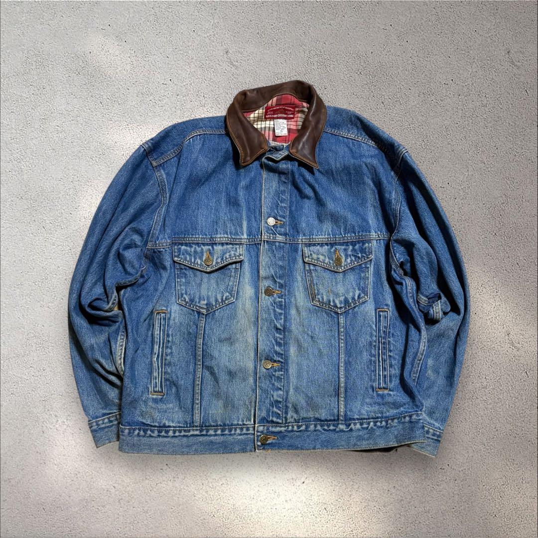 【N67】90s MarlboroレザーカラーデニムジャケットXLブルー古着