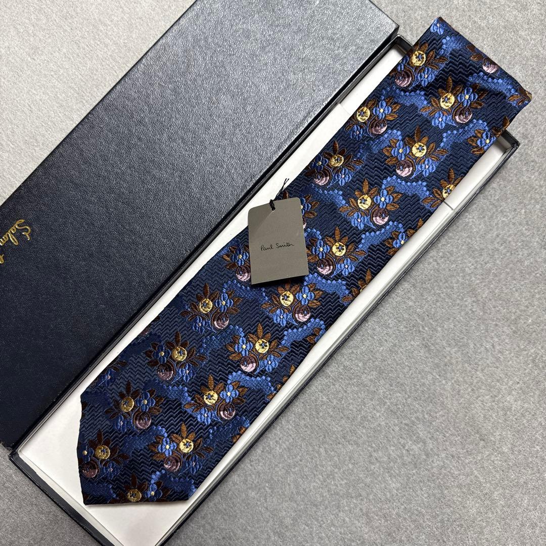 極美品　ポールスミス　ネクタイ　紺　花柄　刺繍　シルクジャガード
