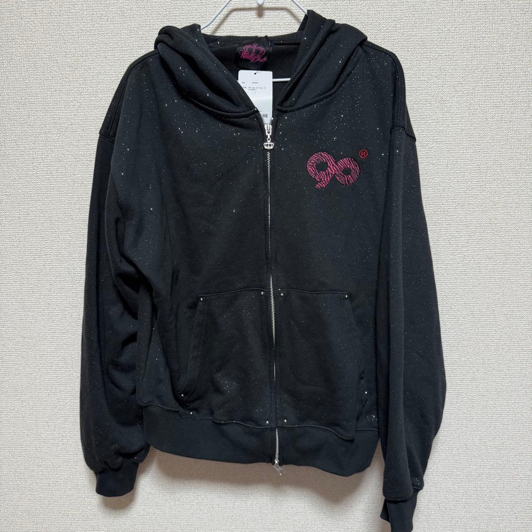 9090 Logo Glitter Zip Hoodie Lサイズ 黒×ピンク