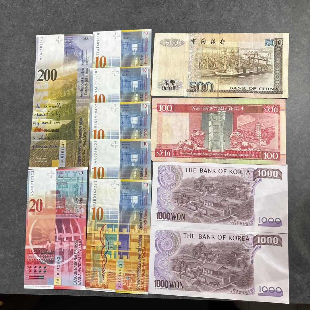k*n様 旧スイスフランと多様な国の紙幣、硬貨のコレクション。