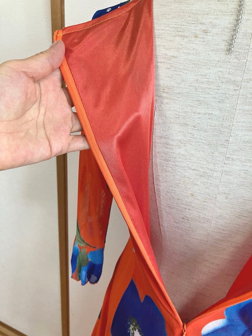 社交ダンスドレス　レッスンウェア　パティー　ミニデモ　オレンジ花柄レッスンウェア
