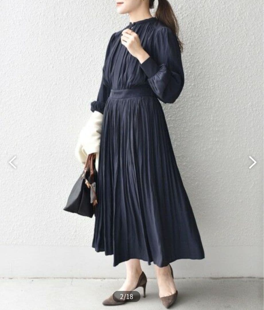 美品✨️SHIPS〈洗える〉プリーツワンピース ネイビー パール 38