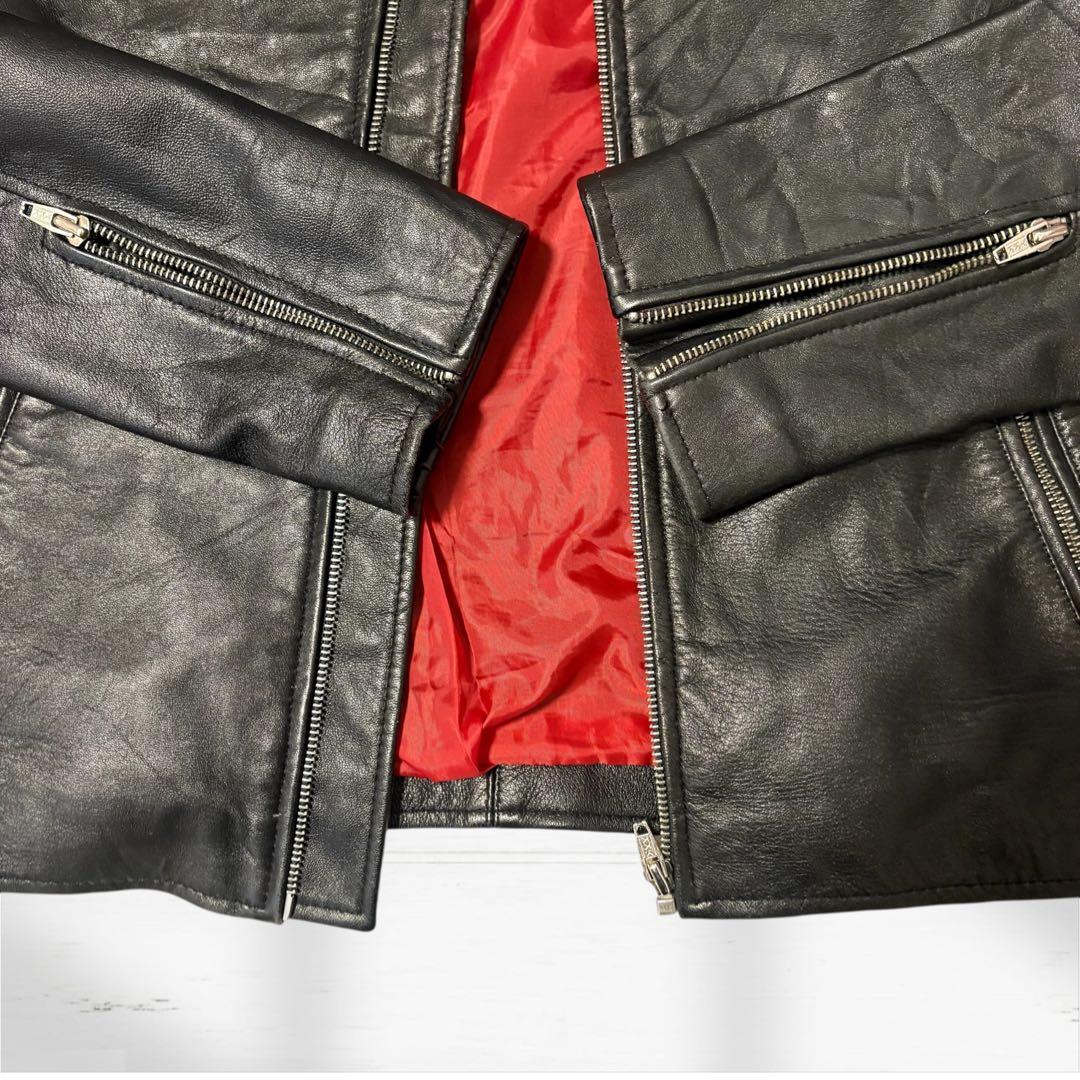 【美品】roshell ゴートレザー シングルライダース Lサイズ 黒 本革 赤