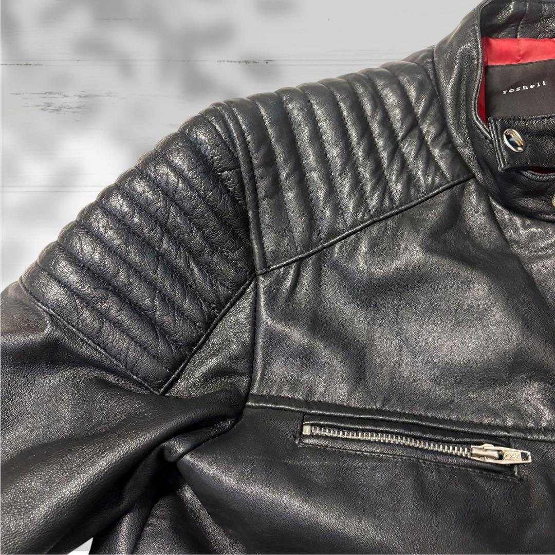 【美品】roshell ゴートレザー シングルライダース Lサイズ 黒 本革 赤