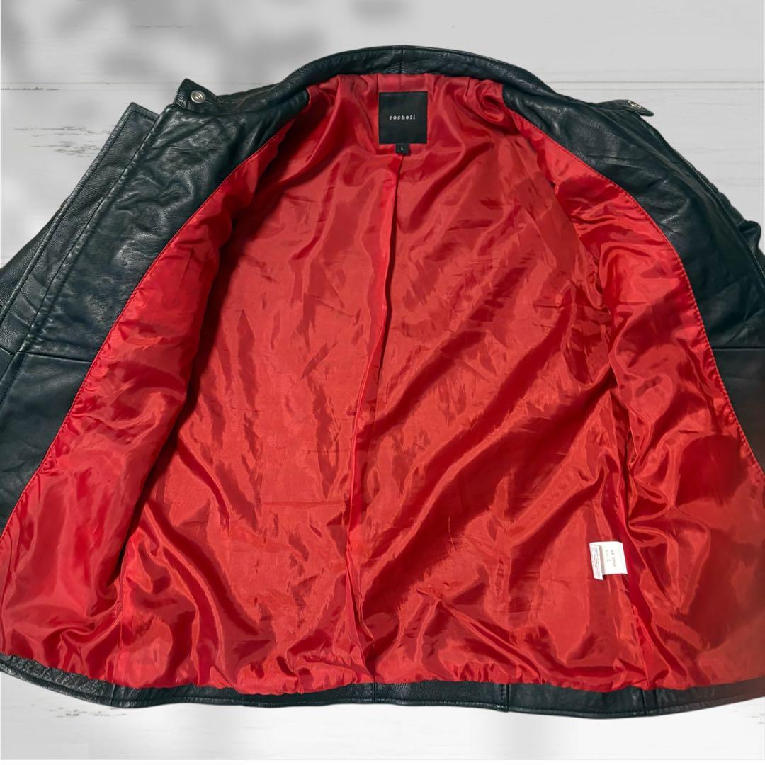 【美品】roshell ゴートレザー シングルライダース Lサイズ 黒 本革 赤