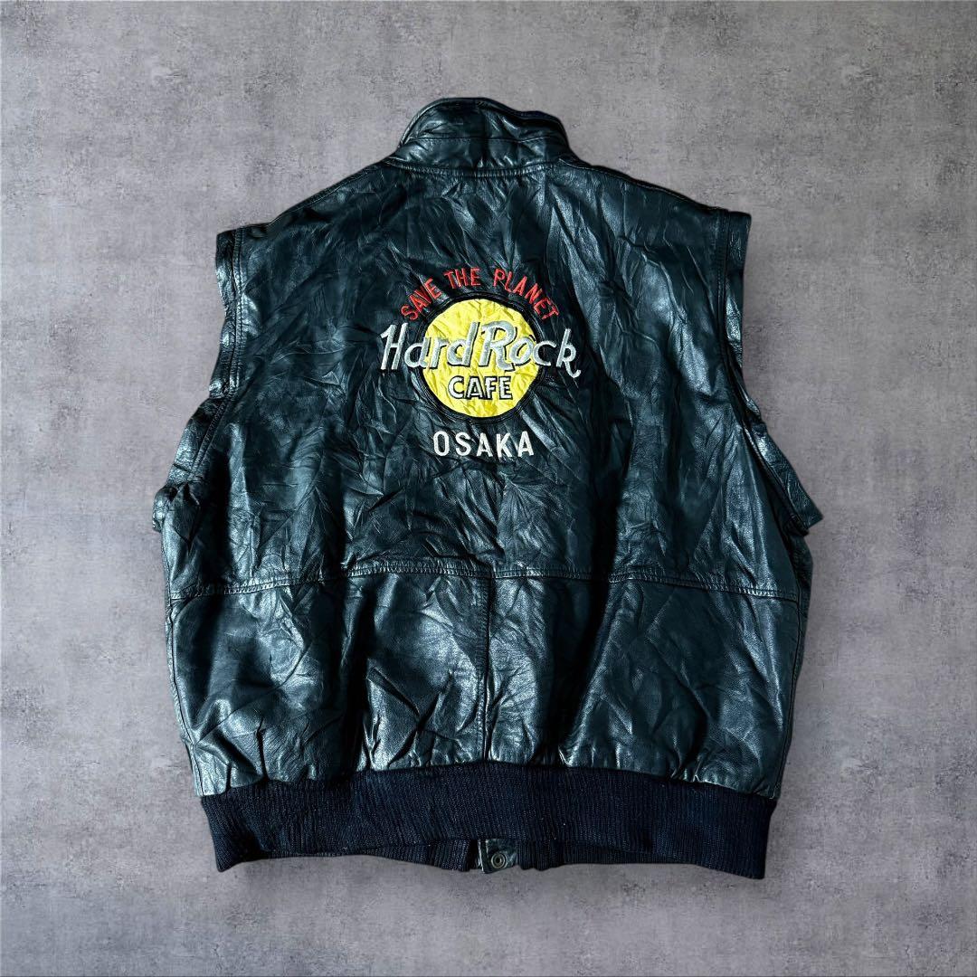 823古着Hard Rock Cafeレザージャケット2way刺繍ロゴ短丈Y2K