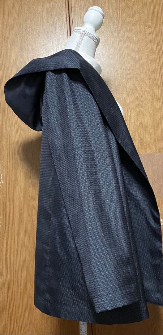 着物リメイク　シンプル　藍色系　大島のAラインフード付きジャケット L〜LL