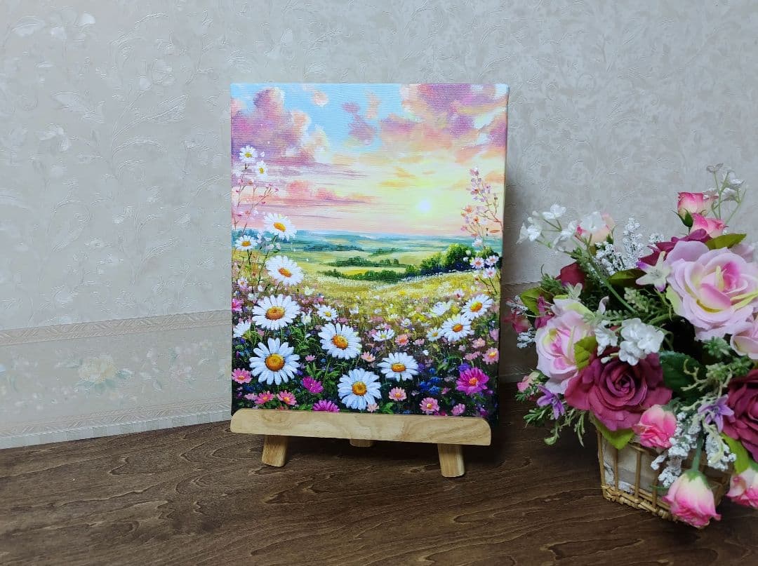 モ*猫様 【春の夕暮れ】アクリル画 F3 風景画 絵画