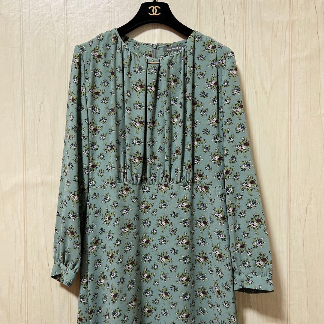 現行【ローラアシュレイ】花柄フロントタックノーカラーワンピース☆長袖☆サイズM