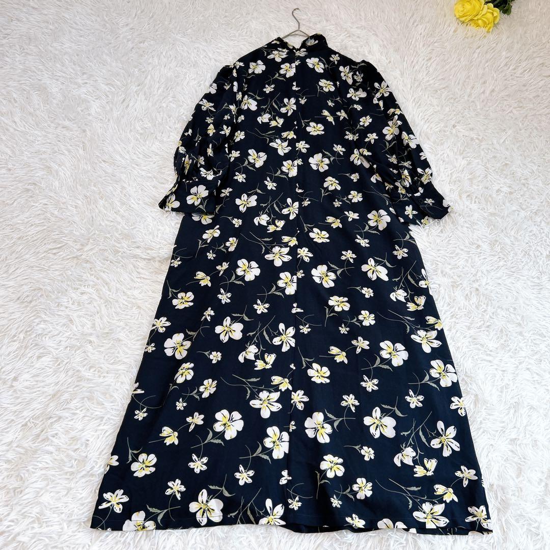 【美品/ナラカミーチェ】花柄リボン衿ワンピース 総柄 ロング 7分袖 ネイビー