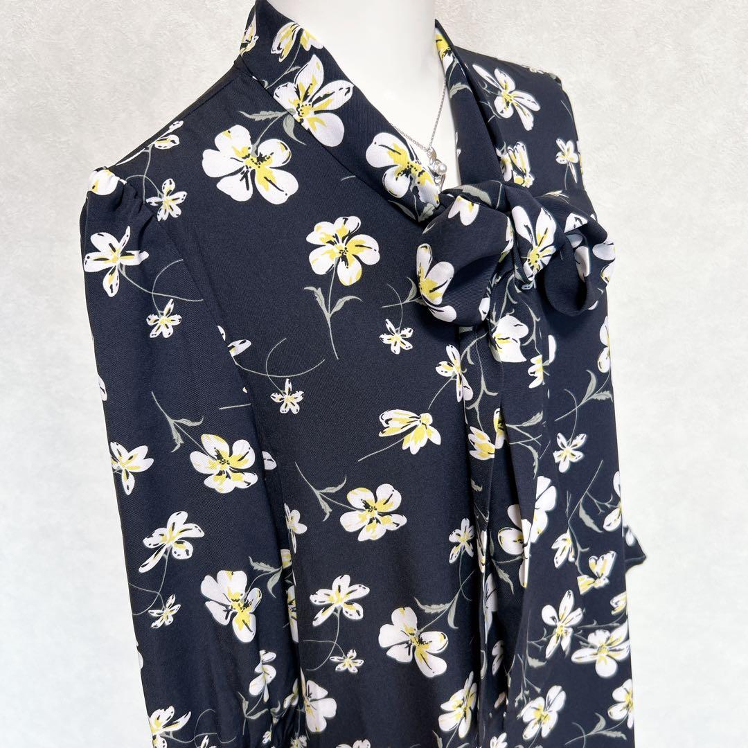 【美品/ナラカミーチェ】花柄リボン衿ワンピース 総柄 ロング 7分袖 ネイビー