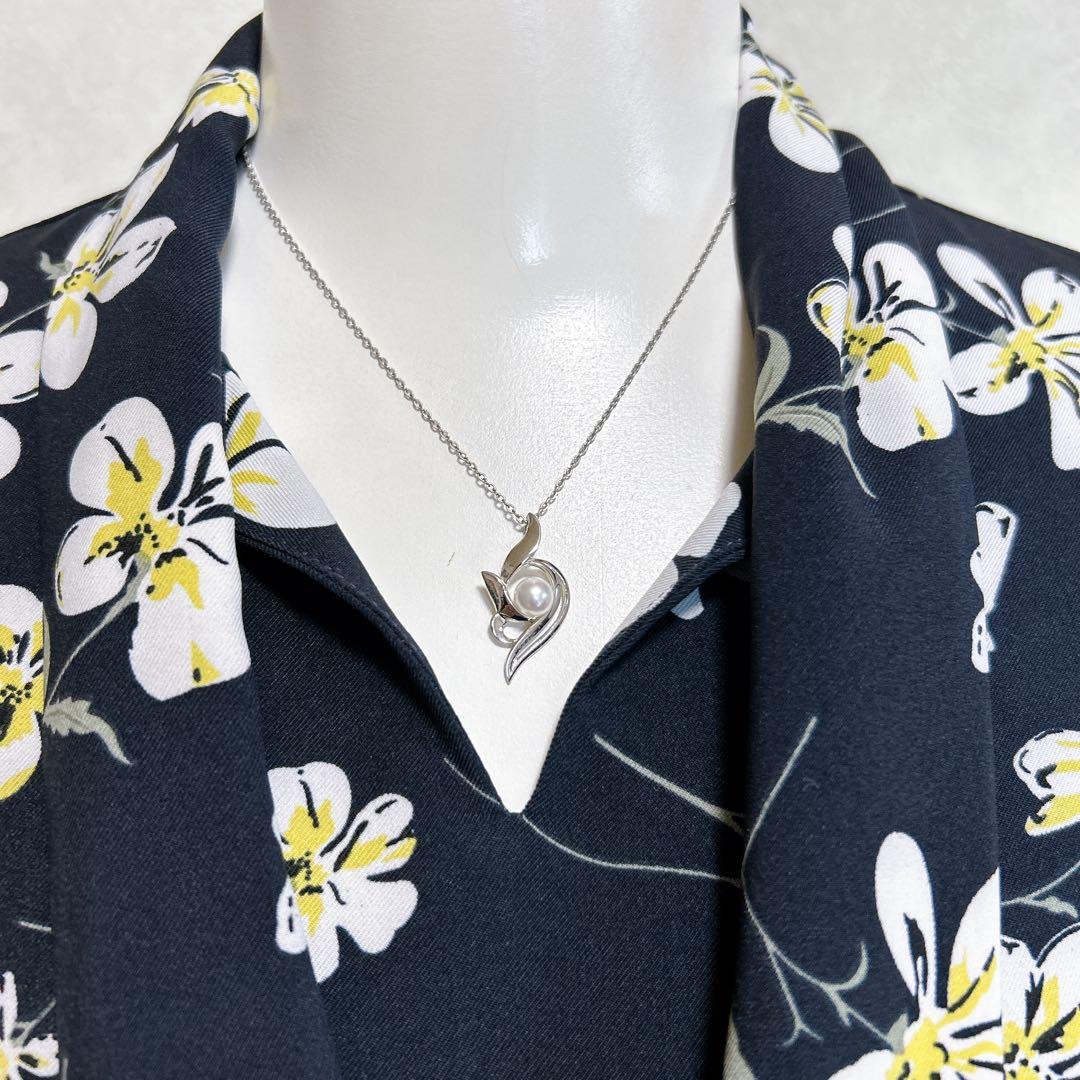 【美品/ナラカミーチェ】花柄リボン衿ワンピース 総柄 ロング 7分袖 ネイビー