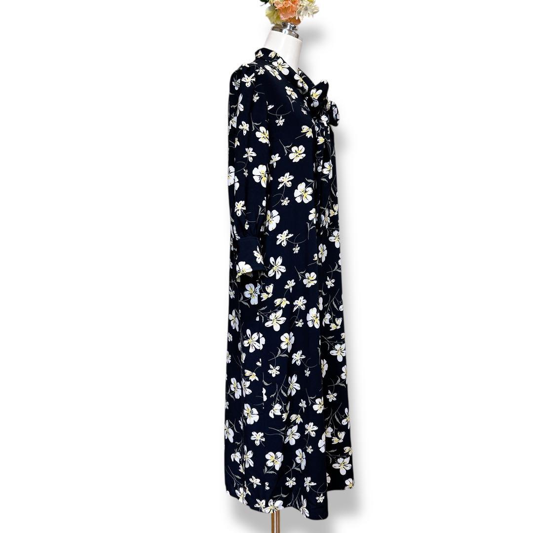 【美品/ナラカミーチェ】花柄リボン衿ワンピース 総柄 ロング 7分袖 ネイビー