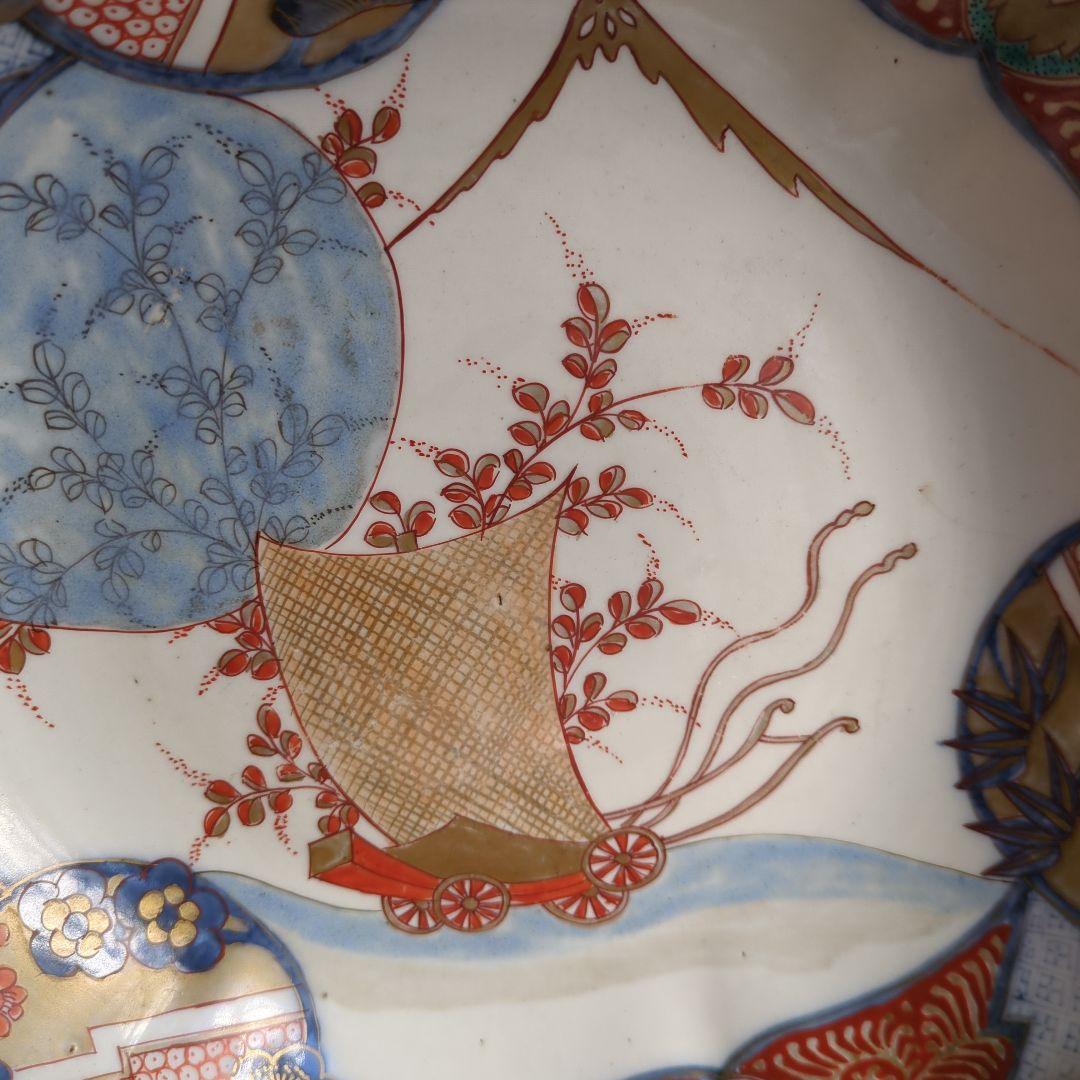 骨董 伊万里 色絵 花弁 金彩 脚付 盛り皿 飾り皿 アンティーク 富士山 花車