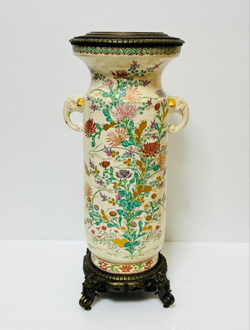 最終値下げ 明治 薩摩焼 京薩摩 9代帯山与兵衛 上絵金彩色絵草花文象耳付花瓶