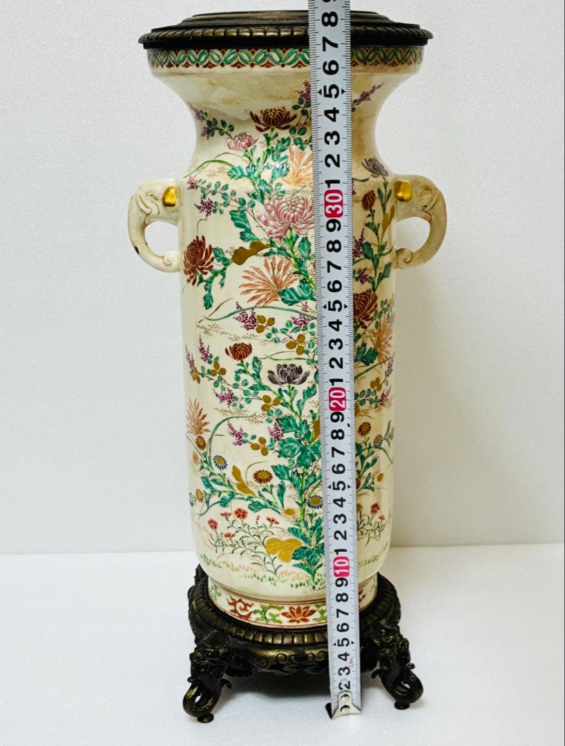 最終値下げ 明治 薩摩焼 京薩摩 9代帯山与兵衛 上絵金彩色絵草花文象耳付花瓶