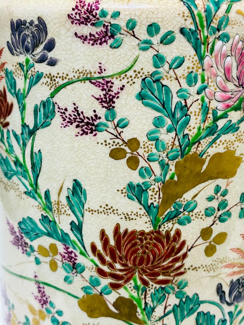 最終値下げ 明治 薩摩焼 京薩摩 9代帯山与兵衛 上絵金彩色絵草花文象耳付花瓶