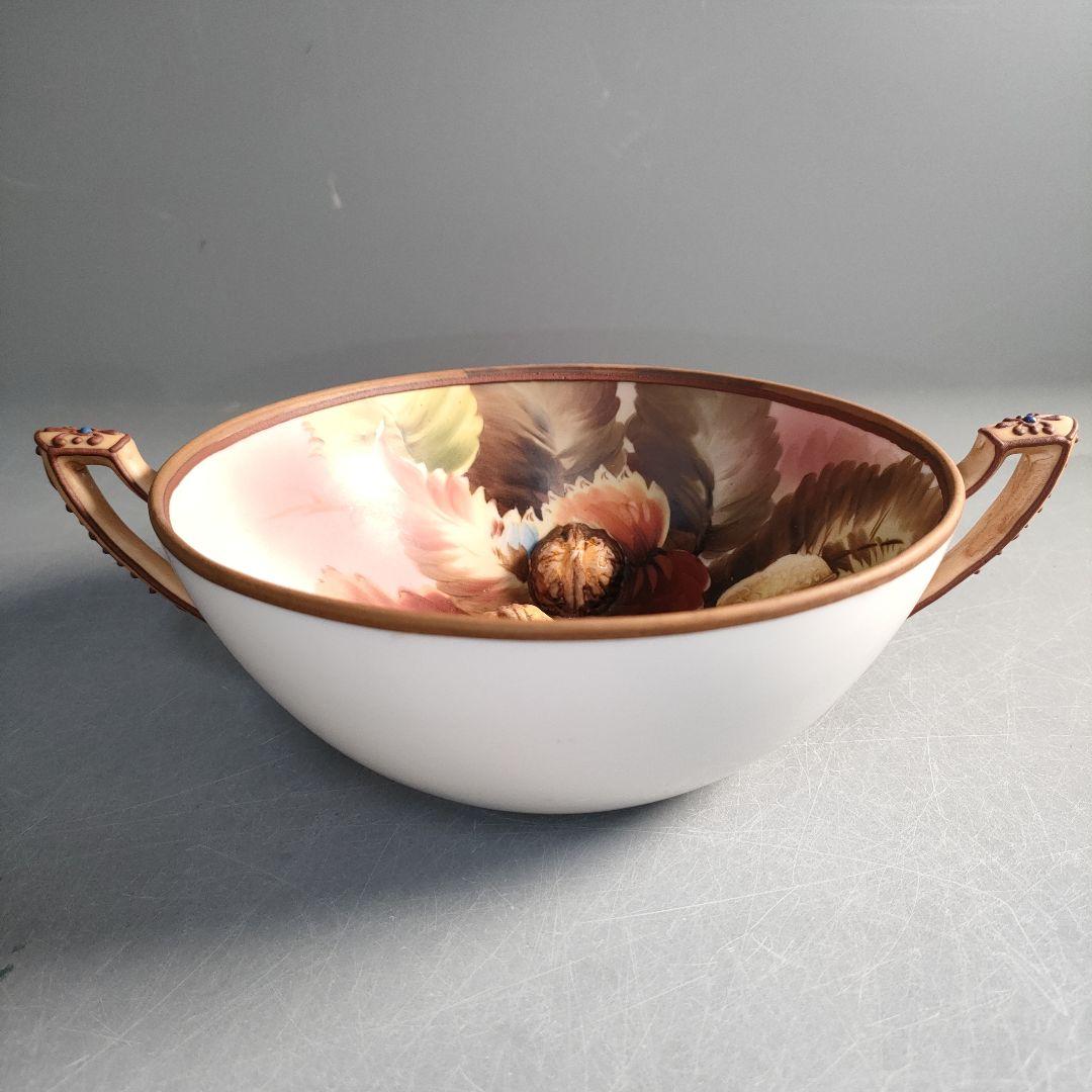 A1293-5/オールドノリタケ/果実図取手付ボウル17cm/飾鉢/懐石道具/