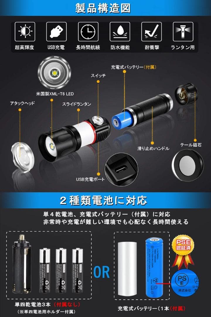 LED懐中電灯 USB充電&2種類電池対応