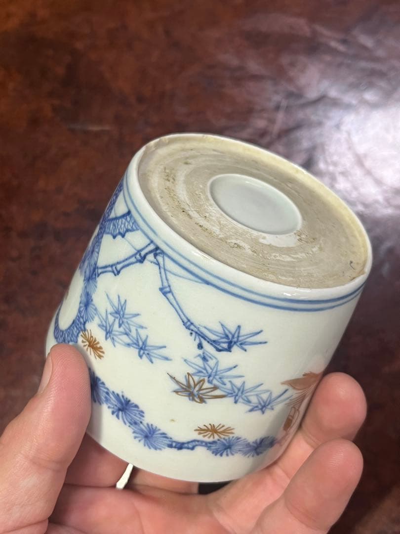 古伊万里 そば猪口 蕎麦猪口 金彩 色絵 線描 鶴亀 鍋島 亀山 松竹梅 民藝