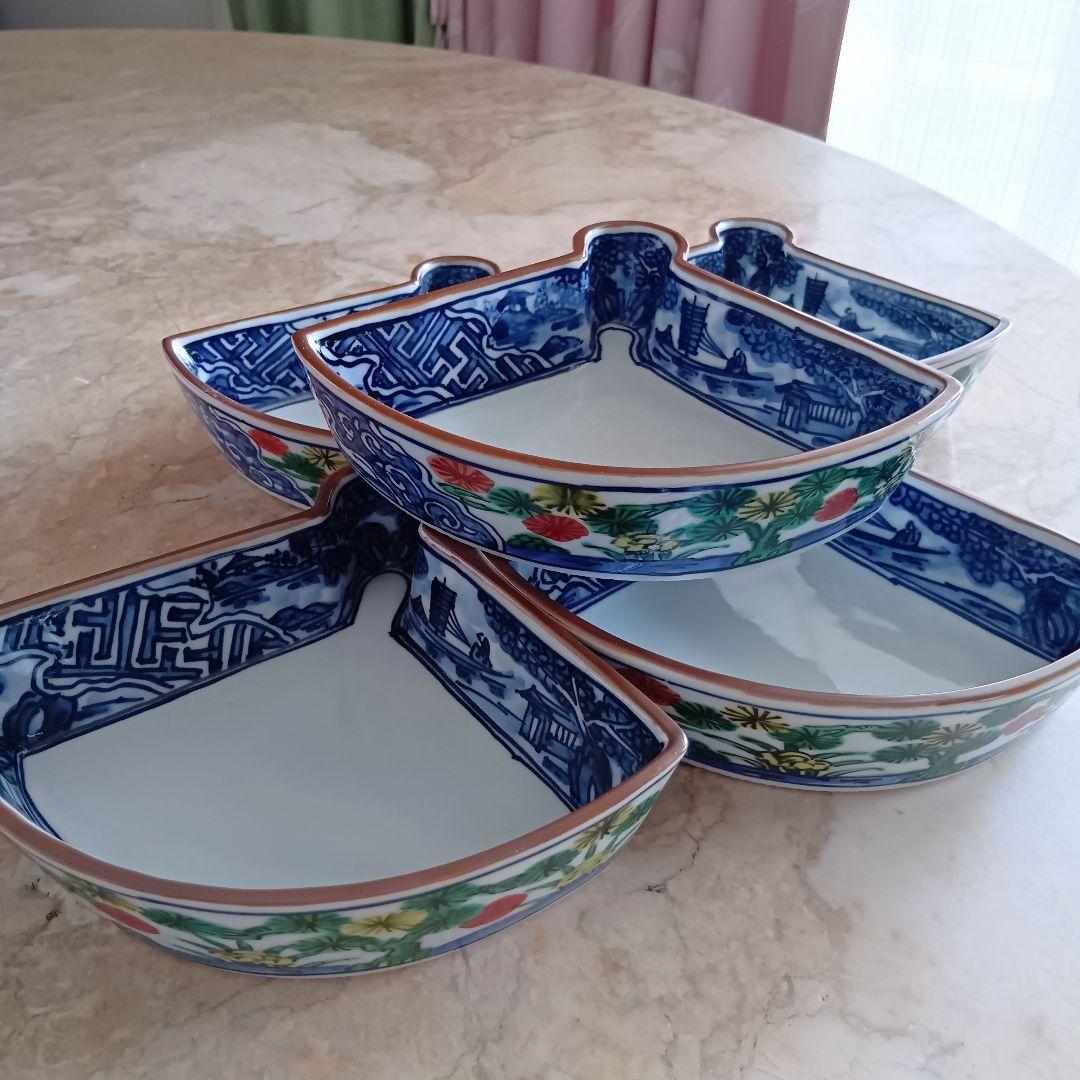 【新品未使用品】清水焼・京焼☆京泉☆扇面皿☆四季折々の草花柄☆山水画☆５枚セット