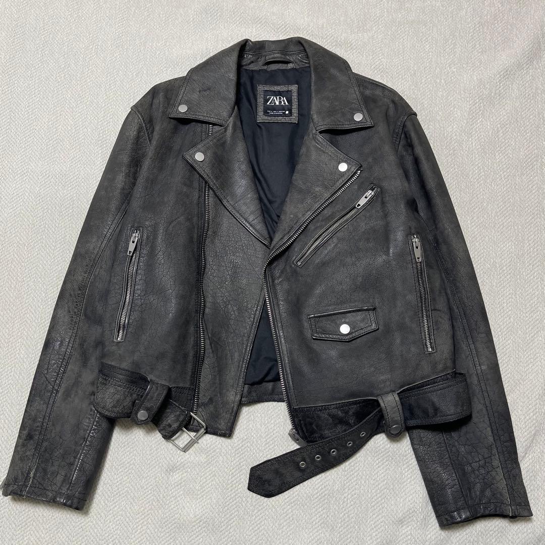 ZARA ザラ 水牛 本革 レザーライダースジャケット ヴィンテージ加工 L