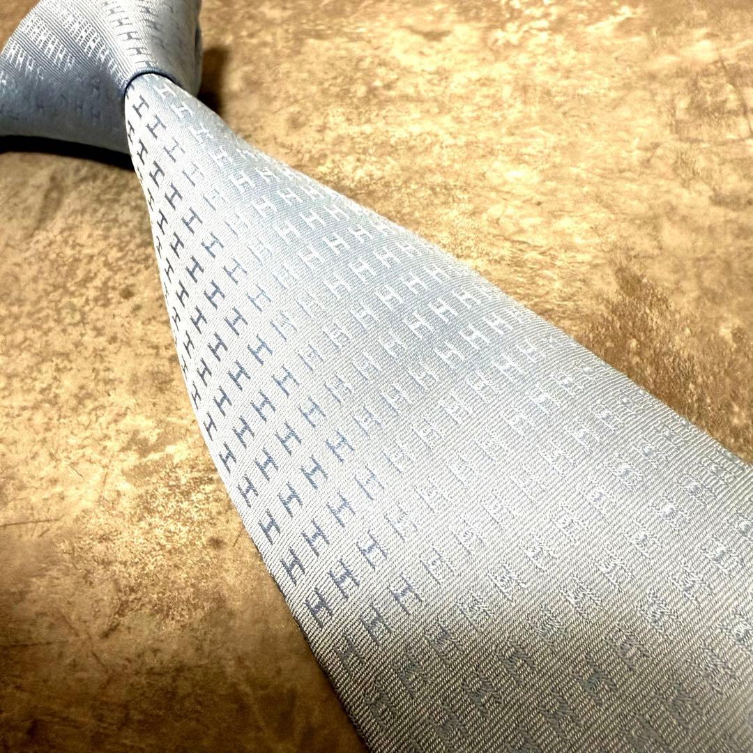 HERMES エルメス ネクタイ ブルー ファソネ H柄 定番 王道 光沢
