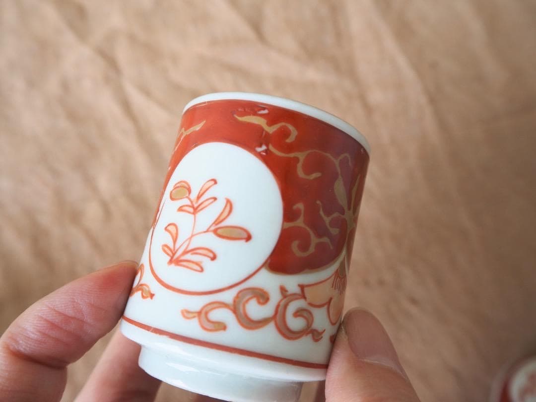 MoMa出品　時代 伊万里 赤絵金彩 オランダ唐草文 小猪口 8客