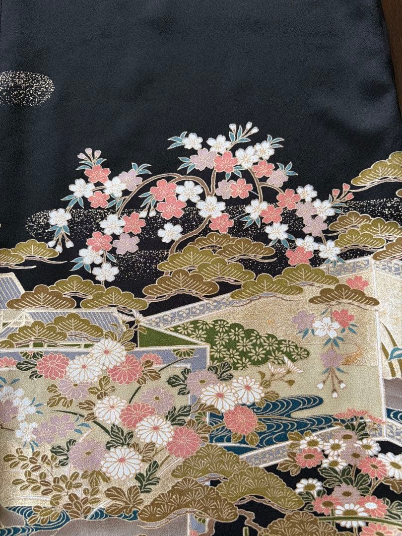 着物リメイク　黒留袖　ロングワンピース　桜　ゴールド