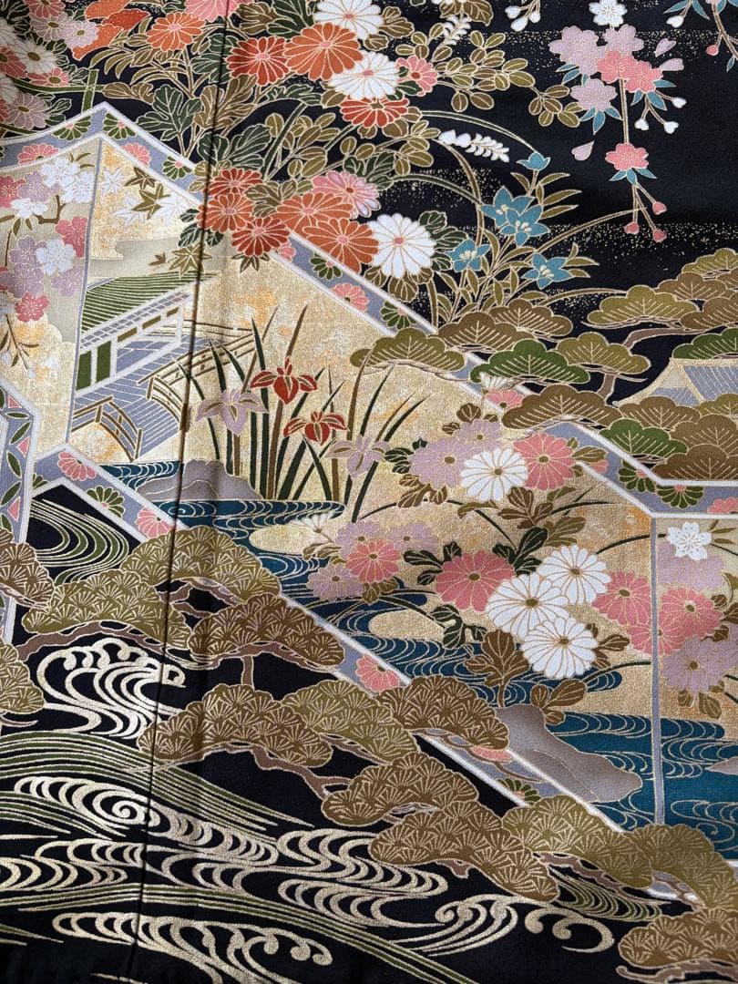 着物リメイク　黒留袖　ロングワンピース　桜　ゴールド
