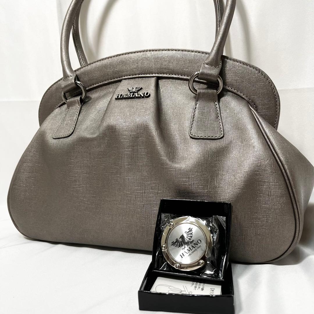 【美品】濱野(HAMANO) がま口 ハンドバッグ トートバッグ シルバー