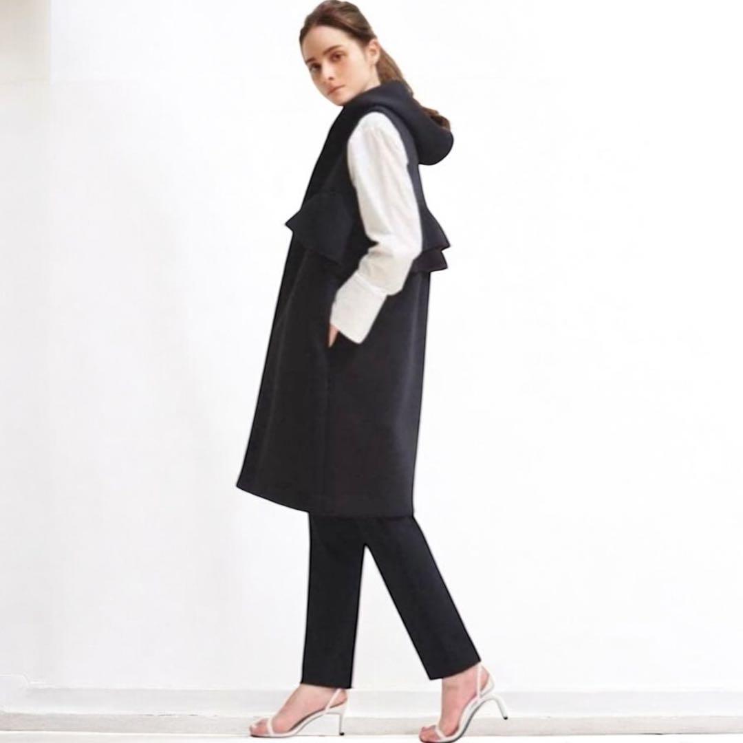 【美品】yori ヨリ ベスト ジレ ロングコート 黒 アシンメトリー フリル
