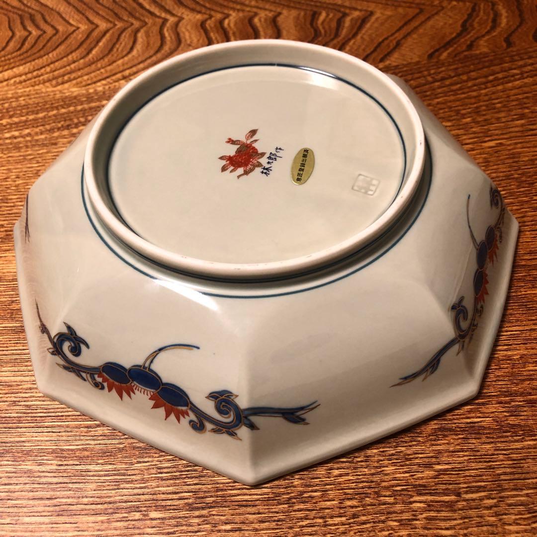 美品 林九郎窯 有田焼 染錦 獅子牡丹 八角面取鉢 盛鉢 金襴手 古伊万里様式