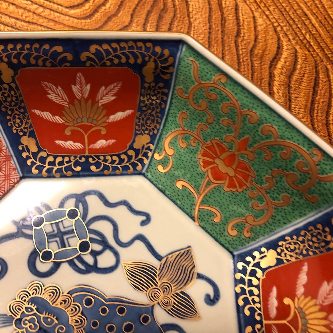 美品 林九郎窯 有田焼 染錦 獅子牡丹 八角面取鉢 盛鉢 金襴手 古伊万里様式
