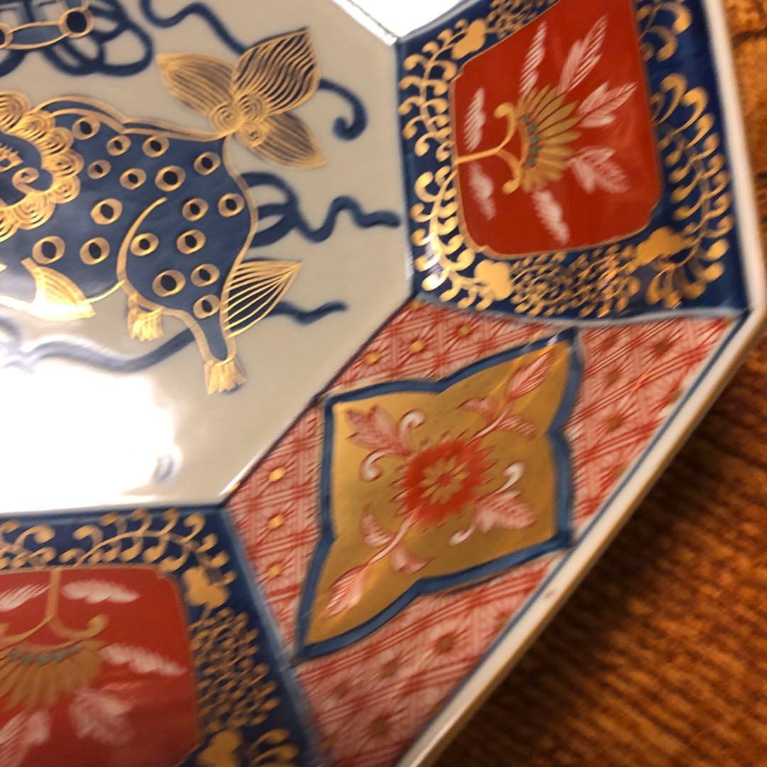 美品 林九郎窯 有田焼 染錦 獅子牡丹 八角面取鉢 盛鉢 金襴手 古伊万里様式