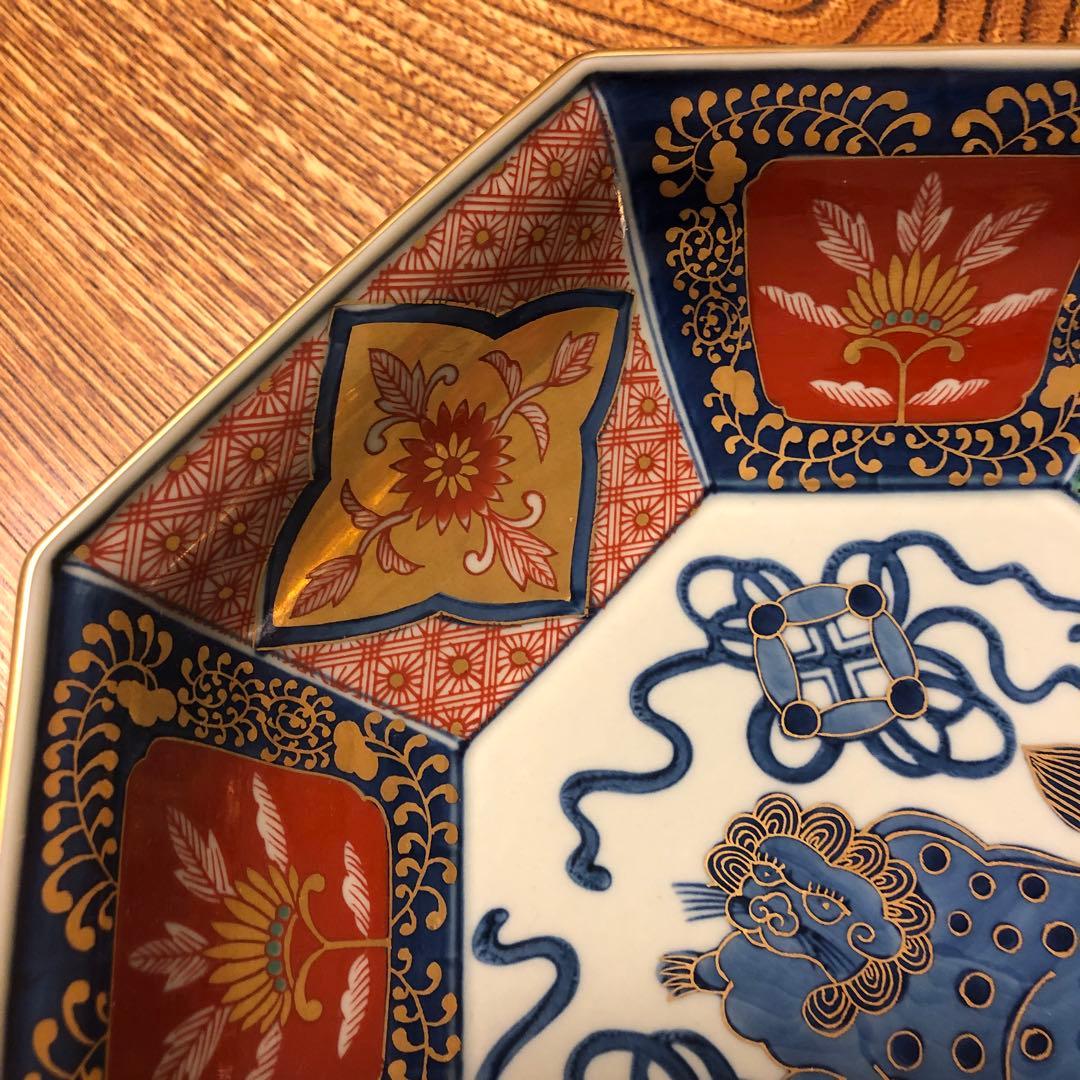 美品 林九郎窯 有田焼 染錦 獅子牡丹 八角面取鉢 盛鉢 金襴手 古伊万里様式