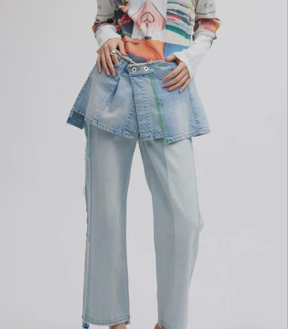 AMERI NEON STITCH REMAKE DENIM BELTブルー新品