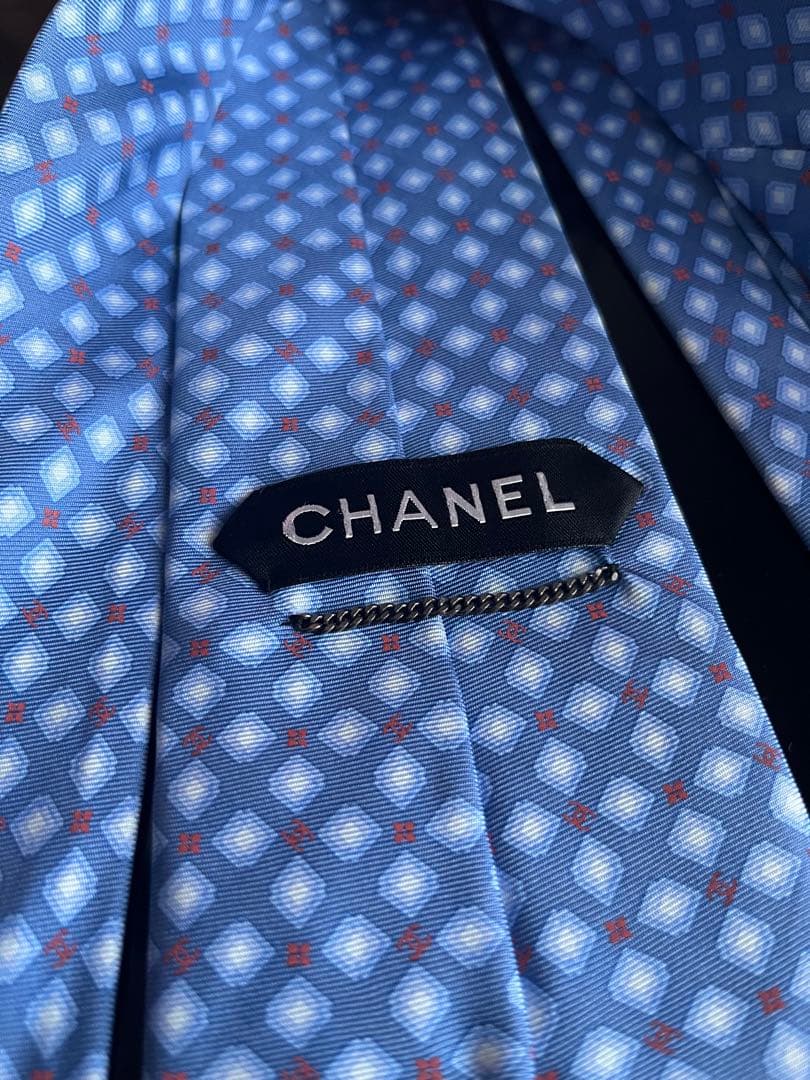 CHANEL 青 チェック柄 ネクタイ