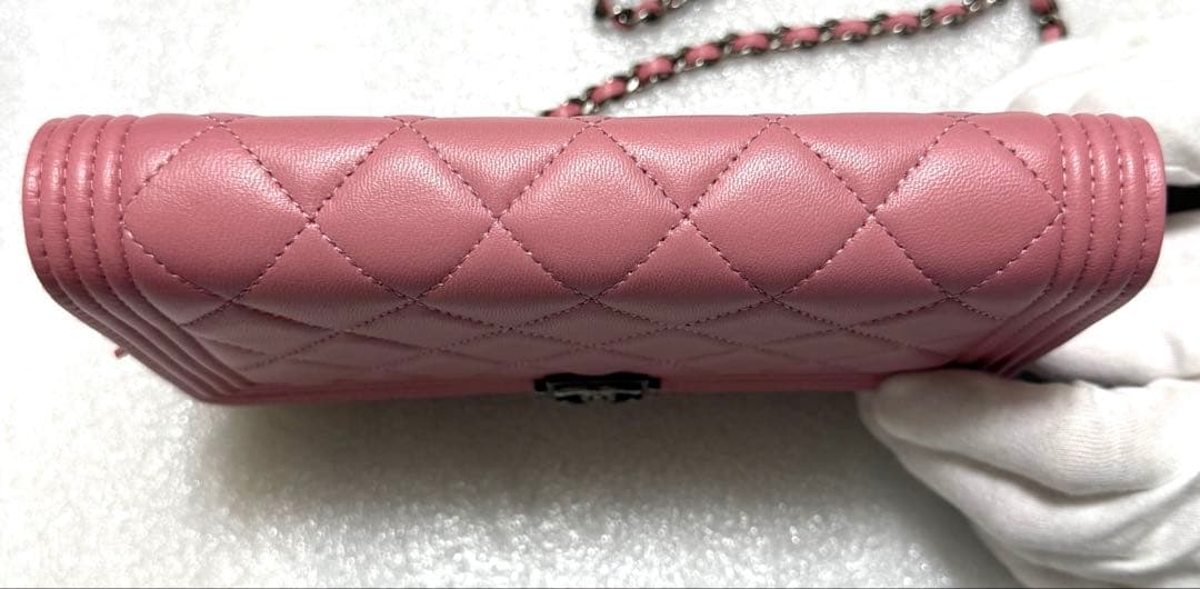【美品】シャネル ボーイシャネル チェーンウォレット ピンク ラムスキン