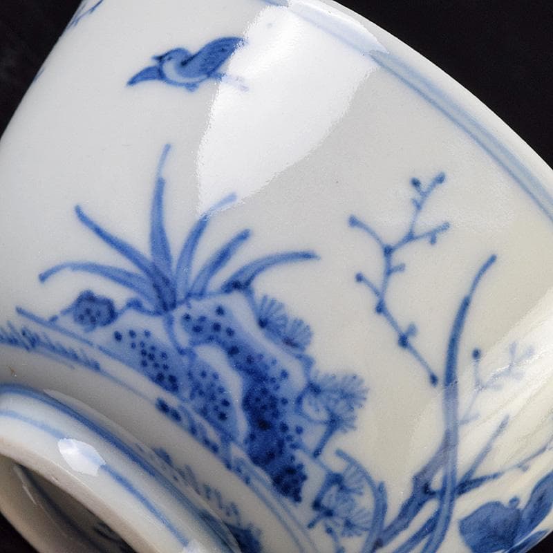 良一　煎茶道具　平安陶工清山造　染付花鳥文煎茶碗四客　共箱　U　R9303