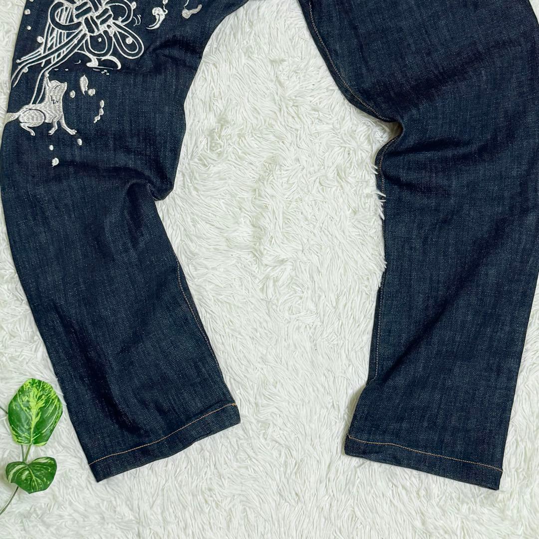 未使用レベル　-KON-JAKU-　ジーパン　刺繍　狐　革パッチ　ストレート