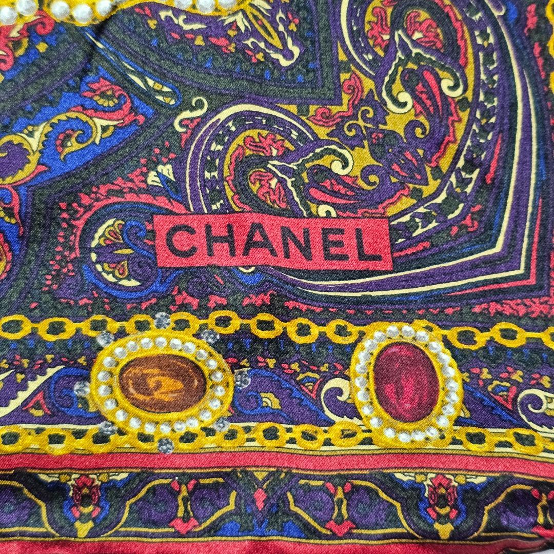 美品 CHANEL シルクスカーフ ペイズリー 宝石 黒 赤