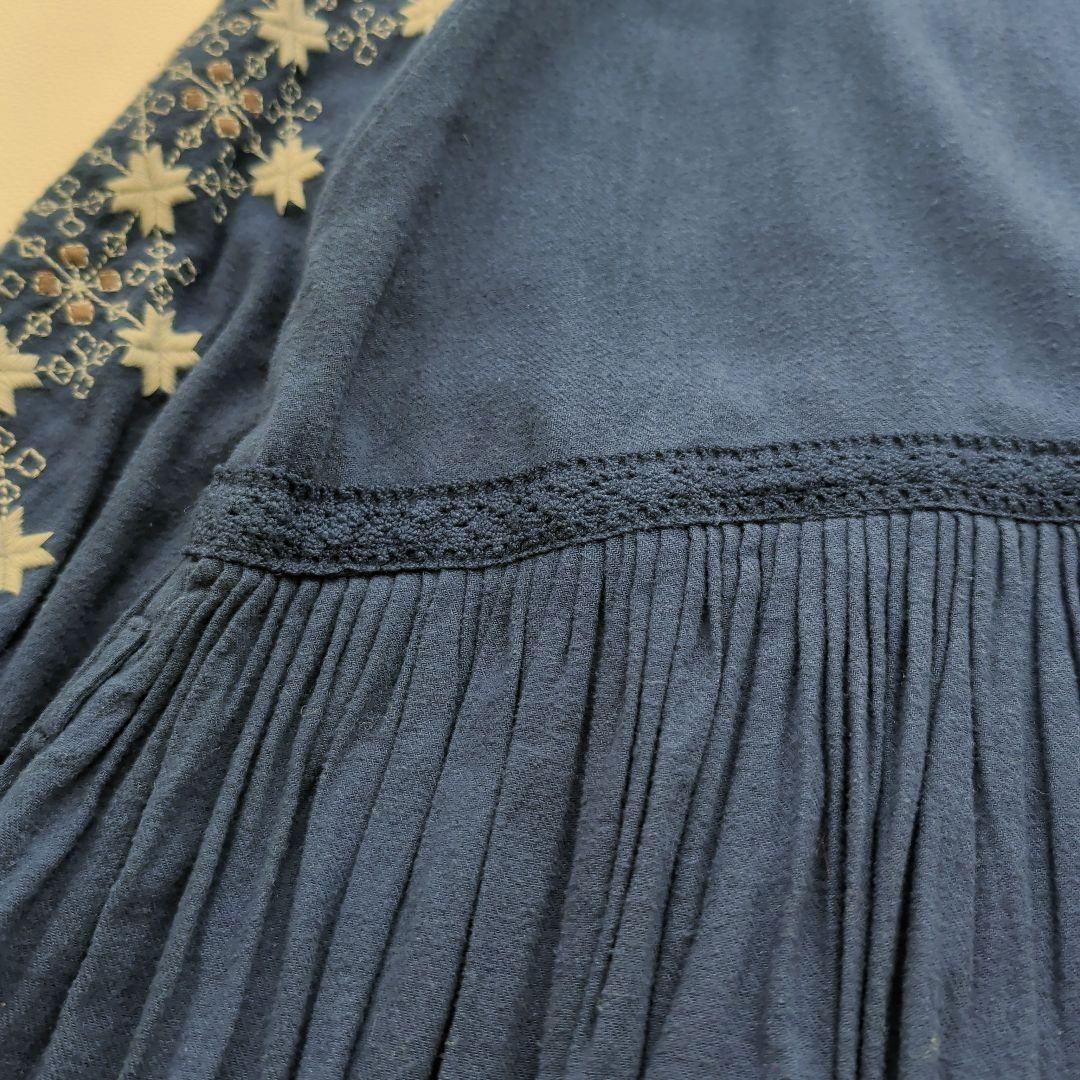 TSUHARU 刺繍タックギャザーワンピース 格子花柄 フリル袖 F 青紺