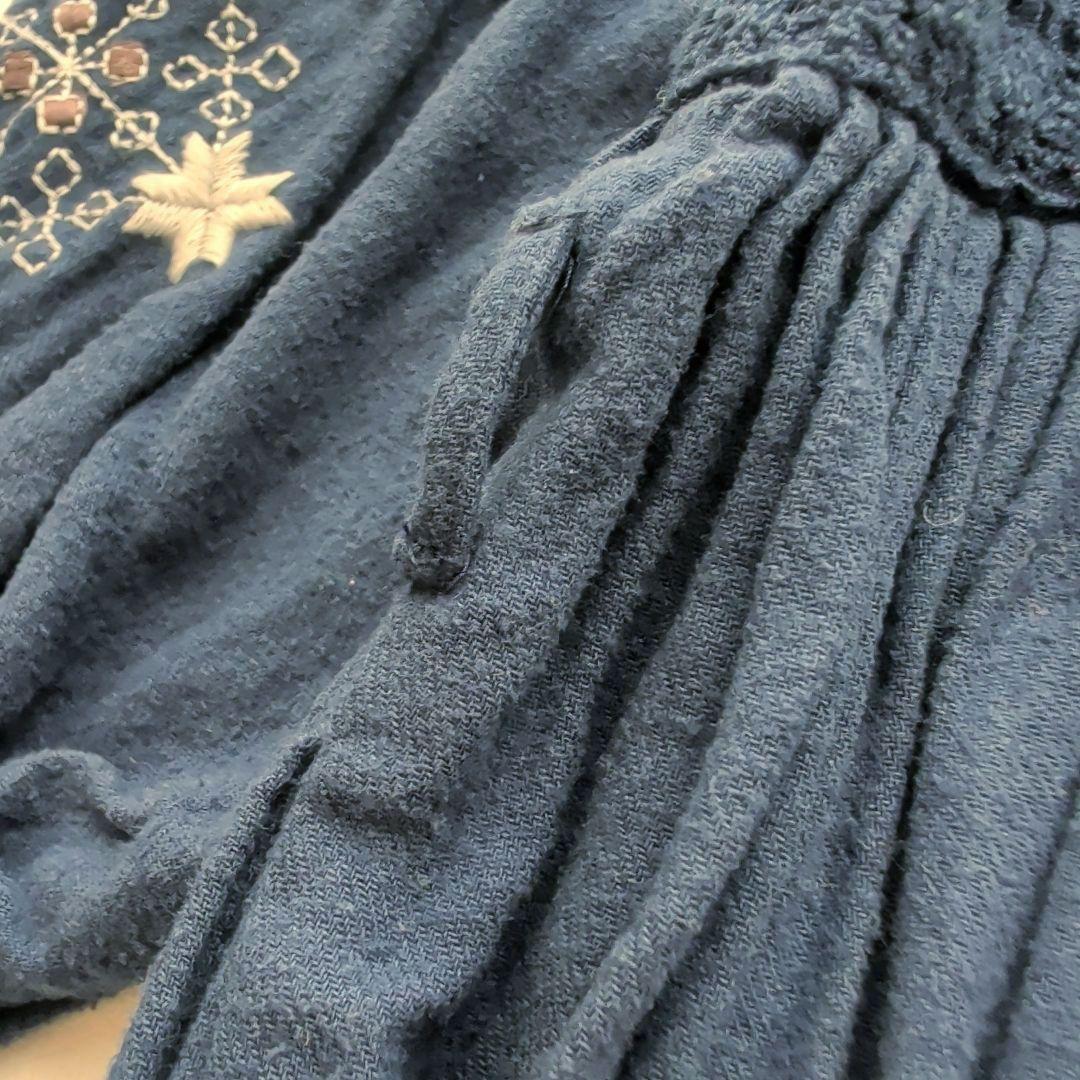 TSUHARU 刺繍タックギャザーワンピース 格子花柄 フリル袖 F 青紺