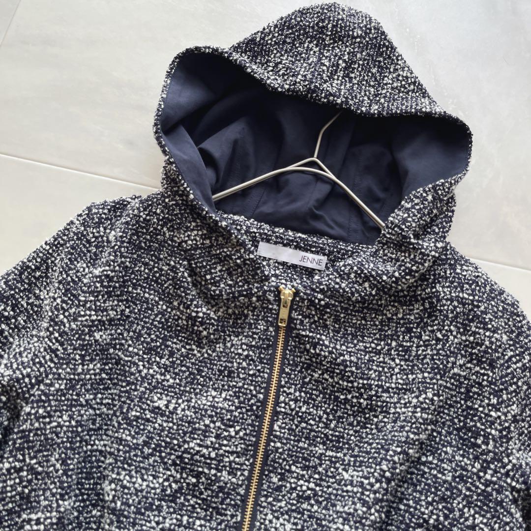 JENNE ジェンヌ ツイード風リラックスパーカー S ネイビー 美品 フード付