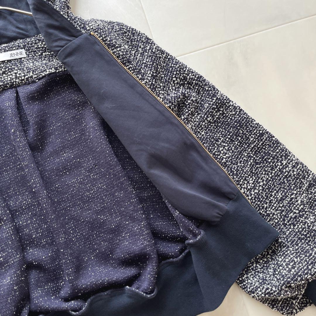 JENNE ジェンヌ ツイード風リラックスパーカー S ネイビー 美品 フード付
