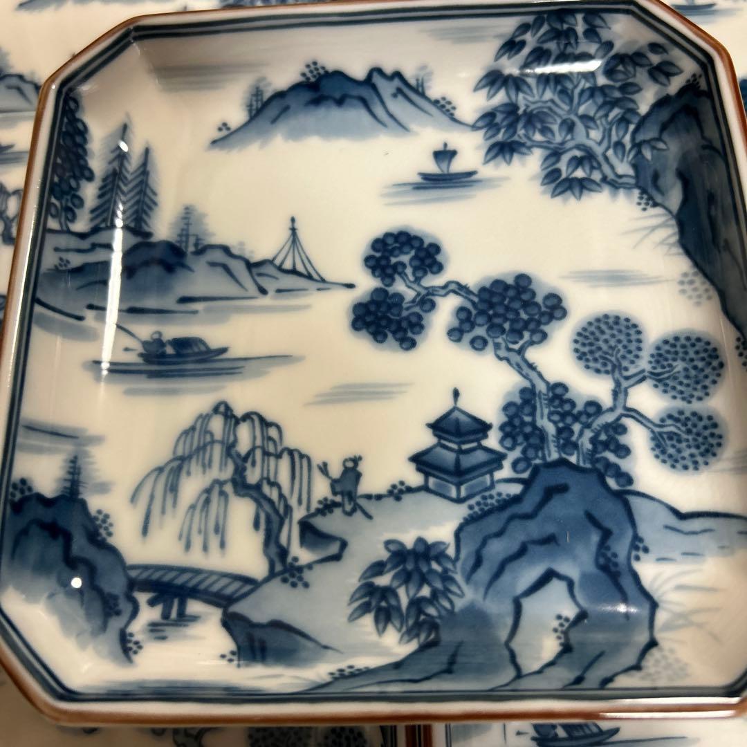 前畑陶器　庫山窯　染付山水画　角皿揃　八角皿　小皿5枚　銘々皿5枚　①